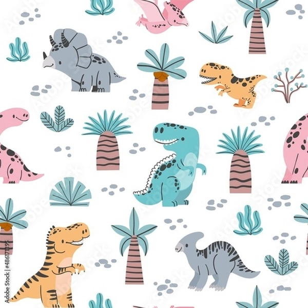 Fototapeta seamless cartoon pattern with cute dinosaurs, trees and palm in Scandinavian style. Kids print with funny dino for fabric, wallpaper, textile.Vector illustration