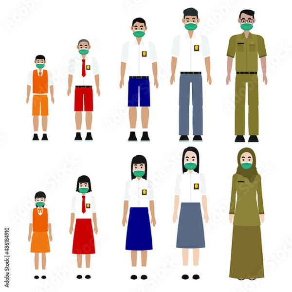 Fototapeta flat vector illustration design of teacher and student in indonesia wearing mask. Can be used for medical and health content