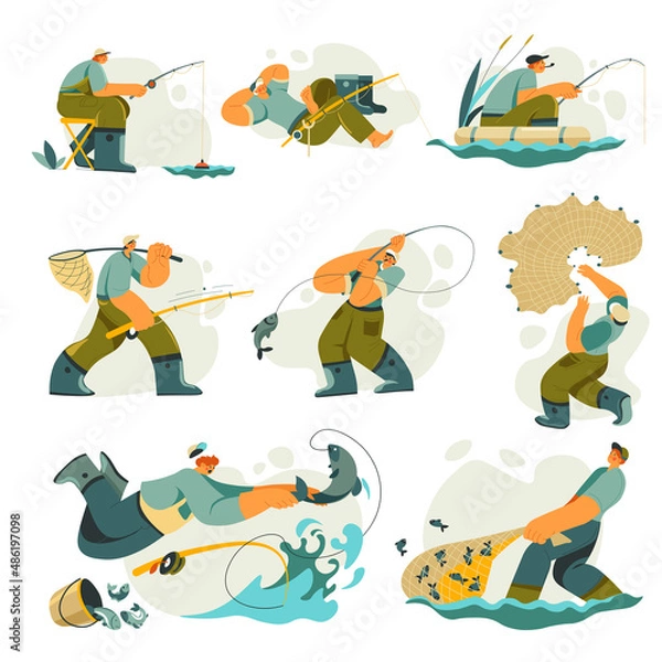 Fototapeta Fishing man with rod and net catching fish vector