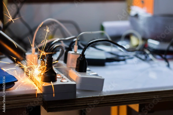Fototapeta electric plug sparks Caused by short circuit The concept of danger, the use of non-standard equipment worn-out equipment