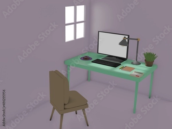 Fototapeta 3D Render of Desk Space for Working at Home.