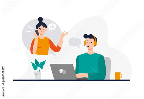 Fototapeta A man from a call center dealing with a customer problem. Online global technical support 24 7. Customer support department staff, telemarketing agents. Vector flat illustration.
