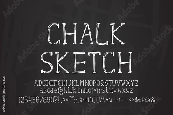 Fototapeta Sketch white serif font on dark blackboard background. Original hand-drawn uppercase and lowercase letters, numbers