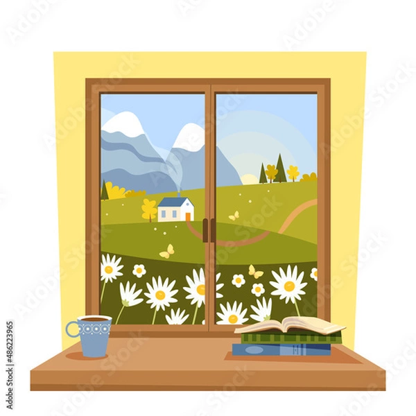 Fototapeta Rural morning. Window to nature. View from the window to the green flowering meadows. Valley landscape. Vector illustration. Welcome to the real world.