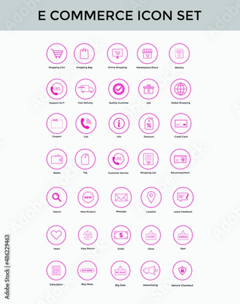 Fototapeta Set of E commerce simple icon set shopping cart colorful, delivery, secure payment, credit card etc
