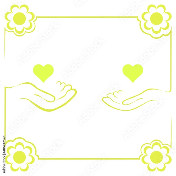Obraz Abstraction for Valentine's Day. Male and female hand offer their hearts. Golden background and frame.