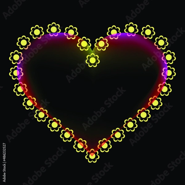 Obraz Greeting card for Valentine's Day. Banner for the holiday. Heart surrounded by flowers. Black background