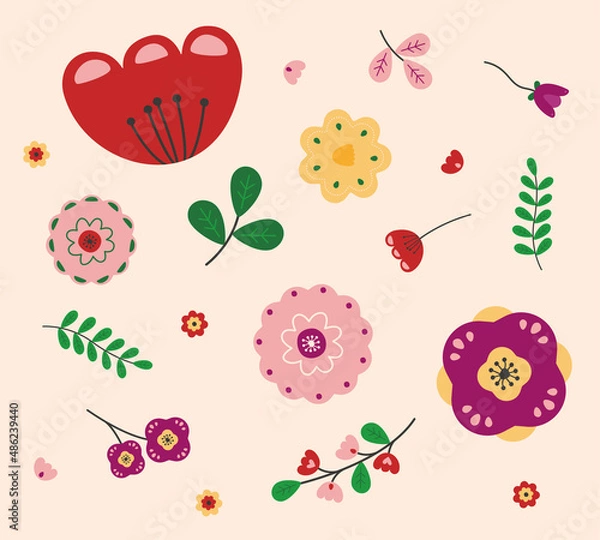 Obraz Retro cute hand drawn flowers collection. Spring flower elements including poppy, tulip, daffodil, foliage, leaves. Editable vector.