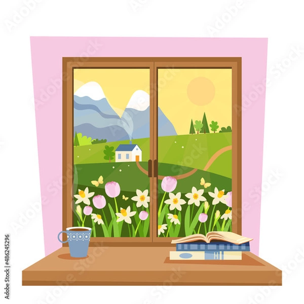 Fototapeta Spring window with a view of flowers and green hills. Cute cozy vector illustration in flat style.