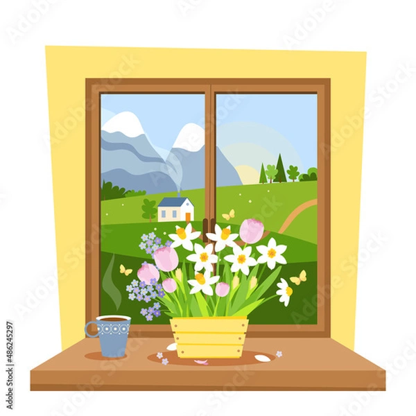 Fototapeta Valley landscape. Window overlooking the green hills. Box with spring flowers on the windowsill. Cute vector illustration in flat style.