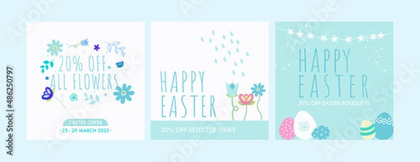 Obraz Set of Happy Easter cards and adverts. Hand drawn Spring flower elements, Easter eggs and April showers.
