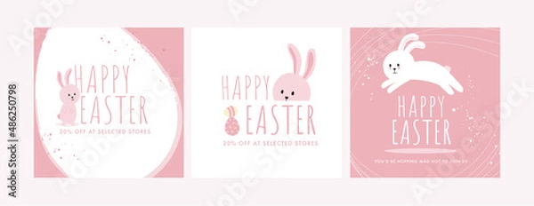 Obraz Set of pink Happy Easter cards and adverts featuring hand drawn Easter bunny, Easter eggs and paint elements. Simple design