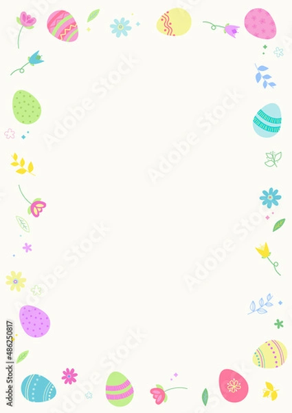 Obraz Colourful Easter themed border or frame with patterned Easter eggs and spring flowers on a light background. Space for text, A4 size.