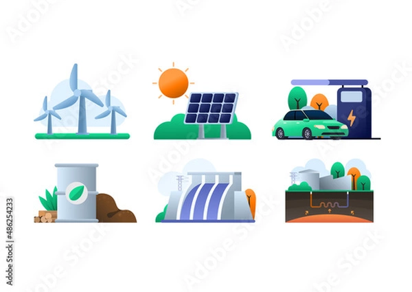 Fototapeta Set of renewable energy, ecological friendly, vector illustration
