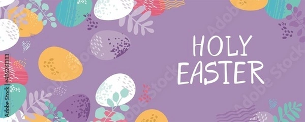 Fototapeta Holy easter horizontal banner template. Traditional holiday poster  with eggs, floral elements, flowers isolated on purple. Abstract modern spring card with letterin. Flat cartoon vector illustration.
