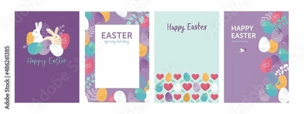 Fototapeta Set of Easter cards template in pastel colors. Collection of posters for a traditional spring holiday with eggs, floral elements, flowers, wreaths, a heart, bird. Cute cartoon vector illustration
