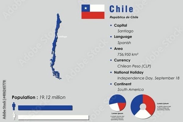 Fototapeta Chile infographic vector illustration complemented with accurate statistical data. Chile country information map board and Chile flat flag