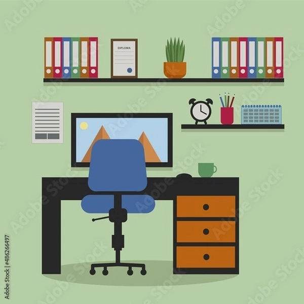 Fototapeta Workplace inrerior, home or office creation set with furniture for tour agency. Flat minimalism design.