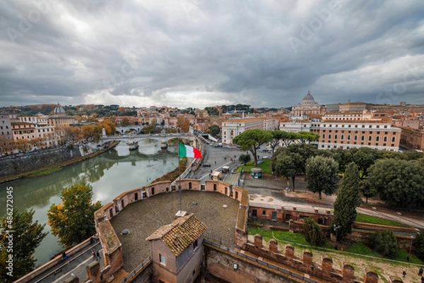 Obraz Aerial view of Rome during a cloudy day as seen from the top of Castel Sant'Angelo (Rome, Italy)