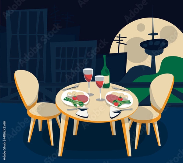 Obraz Cozy beautiful restaurant on rooftop with table and two chair in the big city with the cityscape night or evening. Cartoon illustration