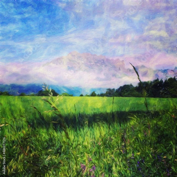 Fototapeta Watercolor and oil mixed landscape paintings in autumn or summer colors. Poster, canvas print or large size background template with wild nature landscape. Rural motifs artwork, textured brush strokes