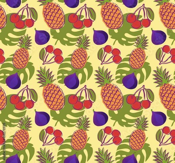 Fototapeta seamless pattern with berries and fruit, pineapple, cherry, figs. Vector illustration