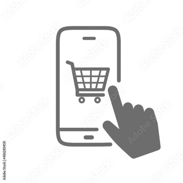 Fototapeta online shopping icon line vector.  shopping symbol through mobile phone isolated on white background.