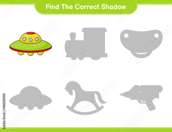 Fototapeta Find the correct shadow. Find and match the correct shadow of Ufo. Educational children game, printable worksheet, vector illustration