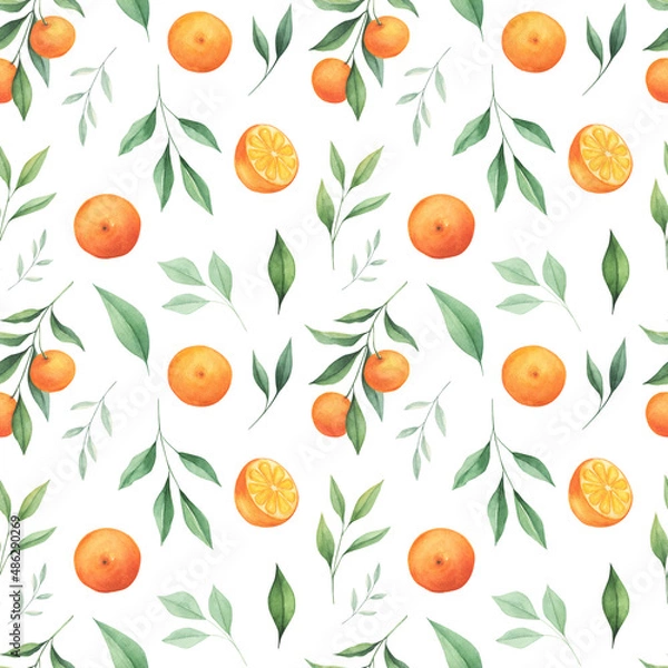 Fototapeta Orange watercolor citrus seamless pattern isolated on white background. Perfect for fabric, print, covers. Summer citrus digital paper.