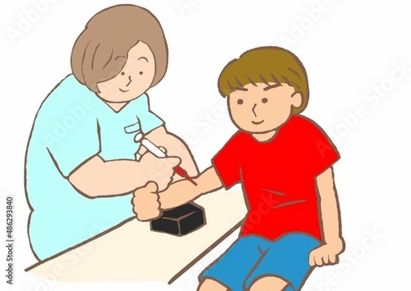 Fototapeta 看護師から採血を受ける発達障害の小学生の男の子のイラスト
