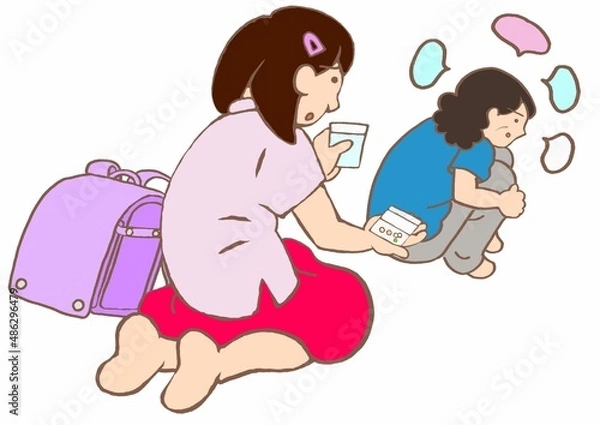 Obraz ヤングケアラー　独語する統合失調症の母親に内服をすすめる小学生の女の子のイラスト