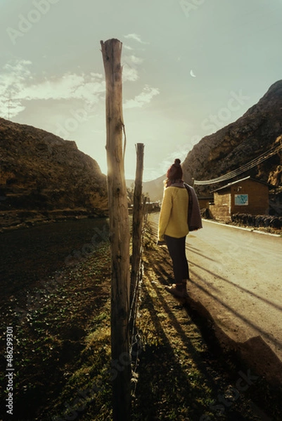 Fototapeta mujer mirando al horizonte con hermoso paisaje soleado para usar como fondo y diseños. .. woman looking at the horizon with beautiful sunny landscape to use as background and designs 