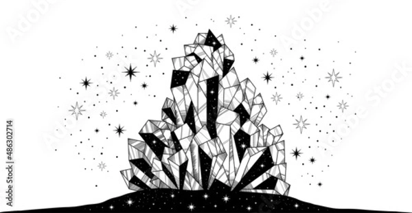 Fototapeta Vector shining precious magic crystal decorated with magician faceted stars light. Illustration Mystical esoteric symbol. Gothic pattern design print card, T-shirt. Patterned magical coloring page