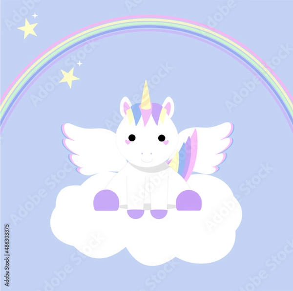 Fototapeta Unicorn vector illustration on a background of starry sky with clouds and rainbow.