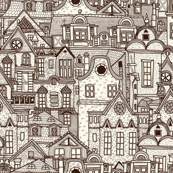 Fototapeta Hand-drawn seamless pattern with old town