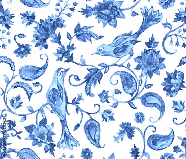 Fototapeta Paisley watercolor floral pattern tile flower, flores, tulip, pheasant, bird. Oriental traditional hand painted water color whimsical seamless print border for design. Abstract indian batik background