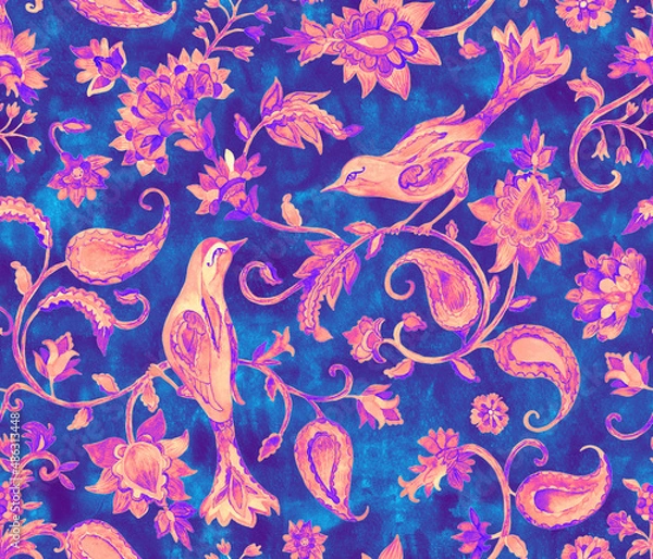 Fototapeta Paisley watercolor floral pattern tile flower, flores, tulip, pheasant, bird. Oriental traditional hand painted water color whimsical seamless print border for design. Abstract indian batik background