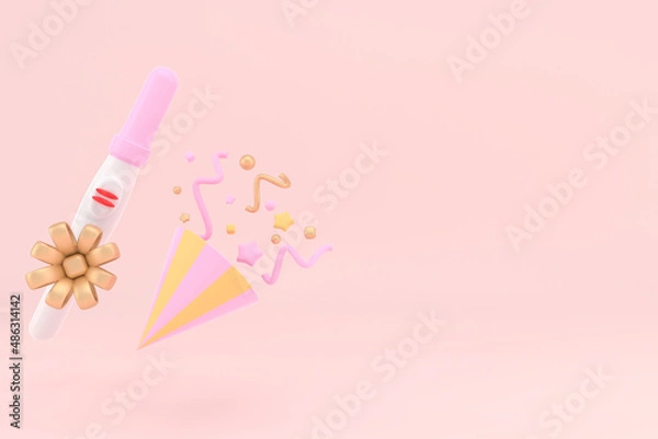Fototapeta Positive Plastic Pregnancy Test on a pink background with copy space. 3d Rendering.