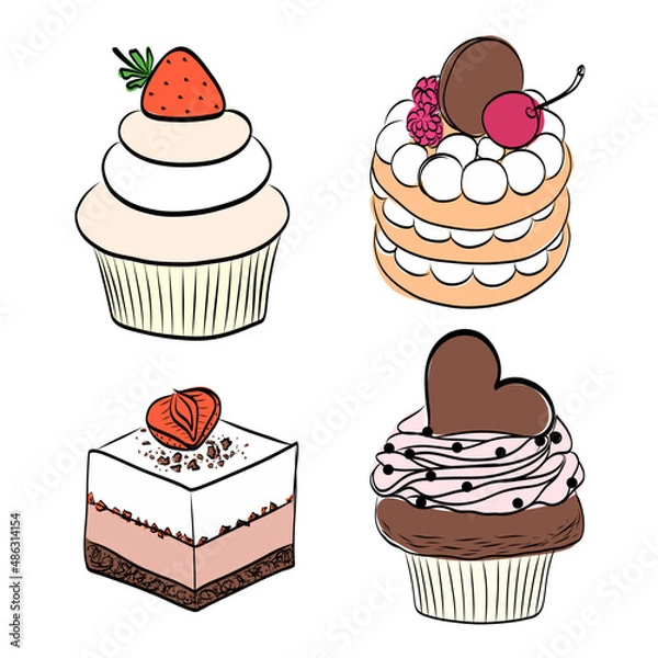 Fototapeta set of four cream pies decorated with cherries and strawberries birthday celebration, cherry in the form of a heart, valentine's day card, isolate on a white background,