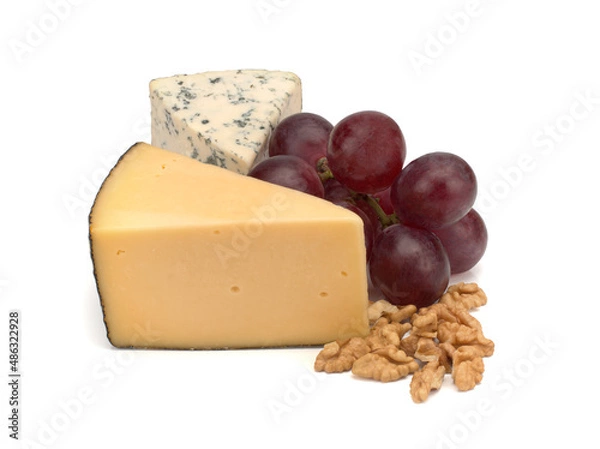 Obraz cheese, nuts, grapes on white background, close up