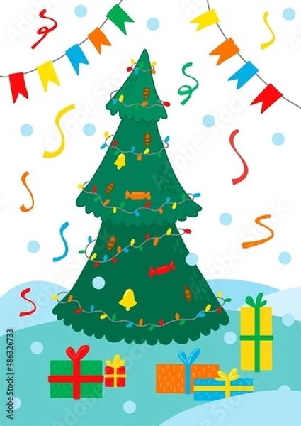 Obraz Vector christmas tree in flat style. Christmas tree with gifts and decorations.