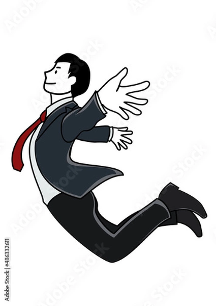 Obraz イラスト素材：自信のある表情で飛ぶようジャンプするビジネスパーソン