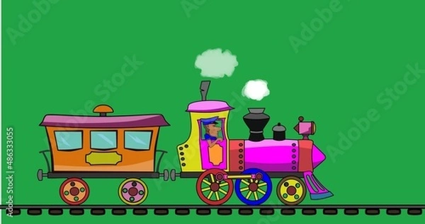 Obraz The steam locomotive rides and drags one wagon for passengers. A man in a cap controls. Looped animation. White smoke comes out of the chimney.  The background is green.