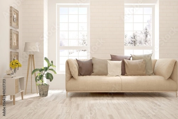 Fototapeta White living room with sofa and winter landscape in window. Scandinavian interior design. 3D illustration