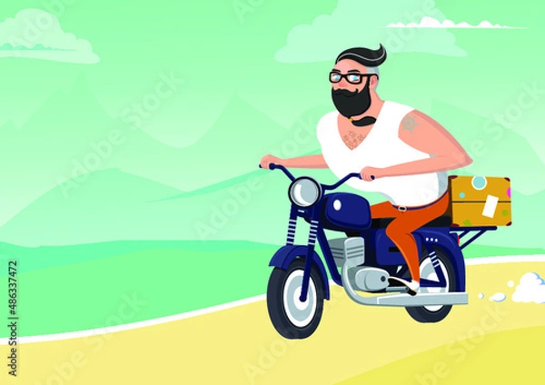 Fototapeta Man with suitcase, Hipster traveller riding on vintage motorcycle on mountains. Concept of discovery, journey, adventure tourism and travel. Vector illustration for poster, card. Summer vacation