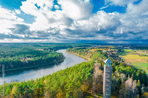 Fototapeta Tallest Lithuanian observation view tower in Birstonas resort in autumn on the shore of Nemunas river