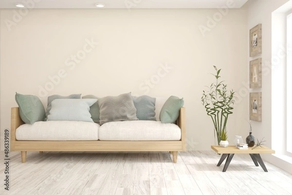 Fototapeta White living room with sofa. Scandinavian interior design. 3D illustration
