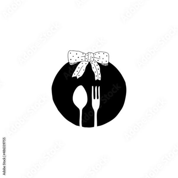 Obraz Vector illustration of black simple plate with spoon, fork, and bow. Hand drawn doodle style