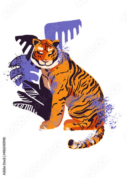 Fototapeta Summer Tropical Exotic Floral Background with Tiger. Wild cat in colorful floral jungle. Tiger stripes hand drawn character art illustration. Textile composition, hand drawn style print.