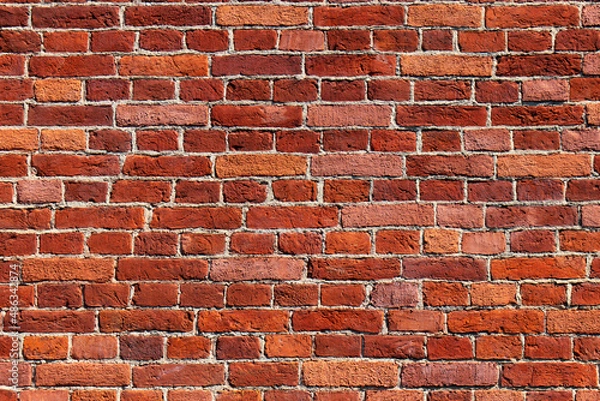 Fototapeta Close-up of an old red brick wall. Multicolored red brick. White solution. Daylight.